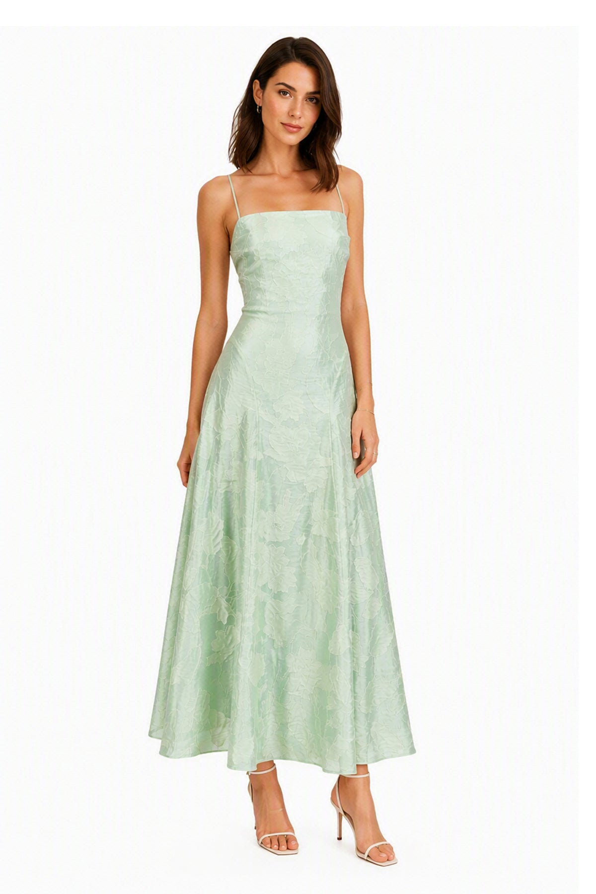Abito midi elegante a spalline sottili con scollo a fascia, tessuto jacquard floreale e dettaglio a croce sul retro -6