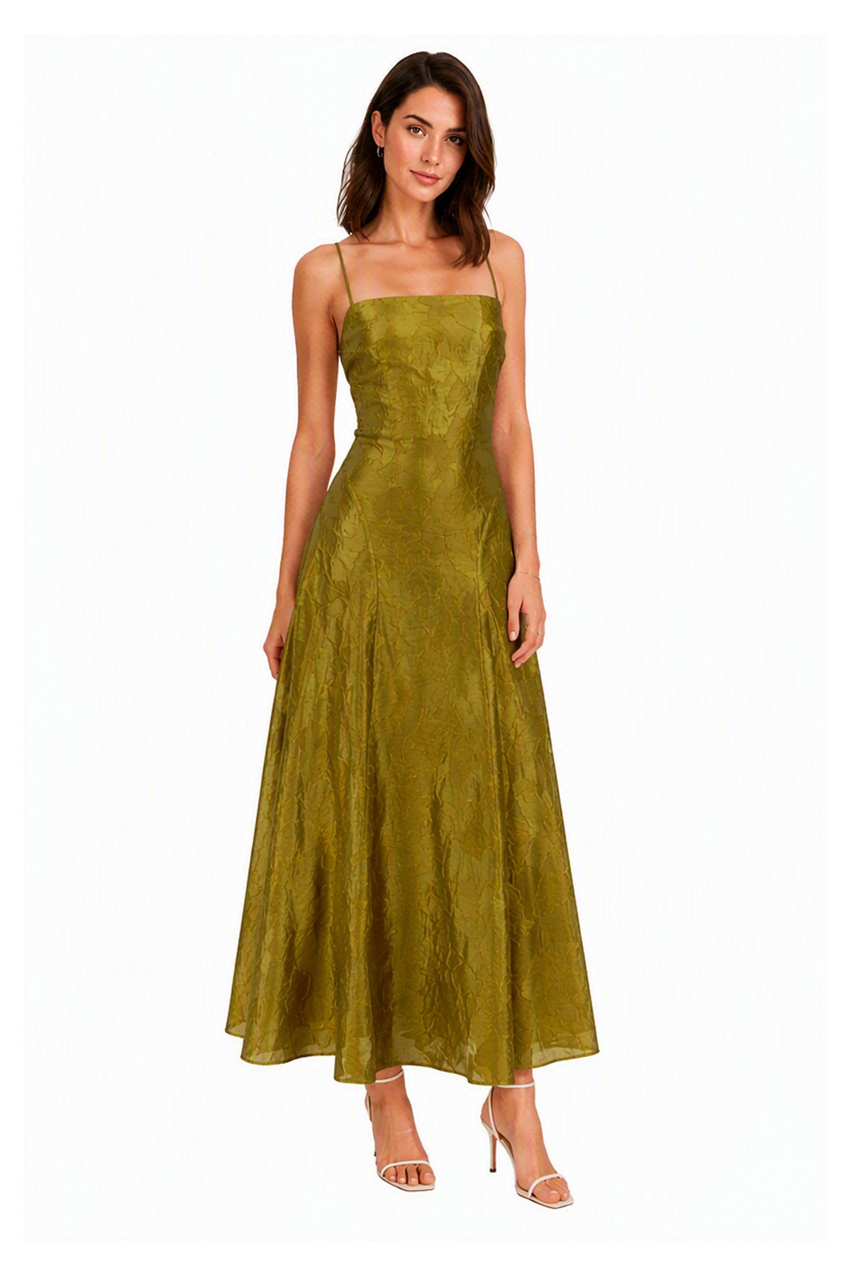 Abito midi elegante a spalline sottili con scollo a fascia, tessuto jacquard floreale e dettaglio a croce sul retro -7