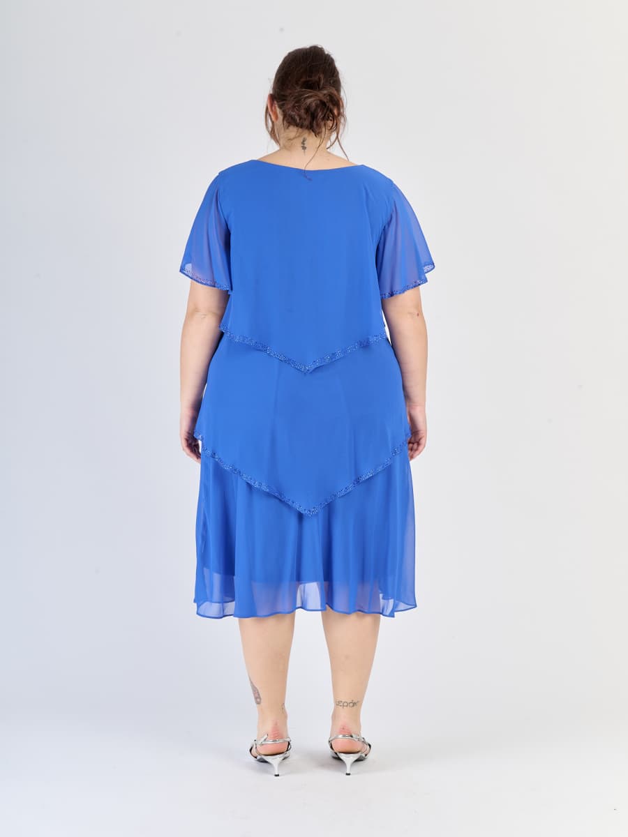 Bluette dress con tre livelli distinti, maniche trasparenti e silhouette avvolgente