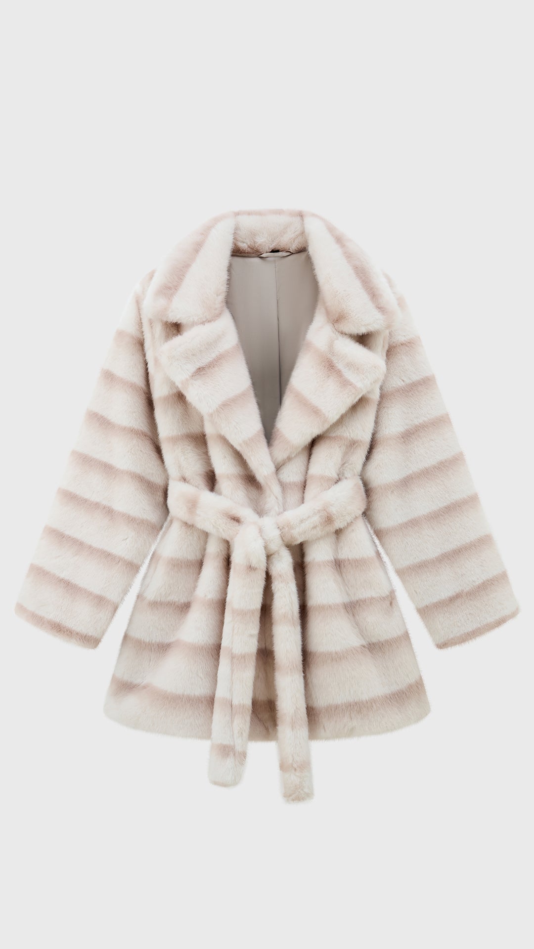 Cappotto medio donna in pelliccia sintetica, ampio collo a rever con cintura regolabile Panna-1