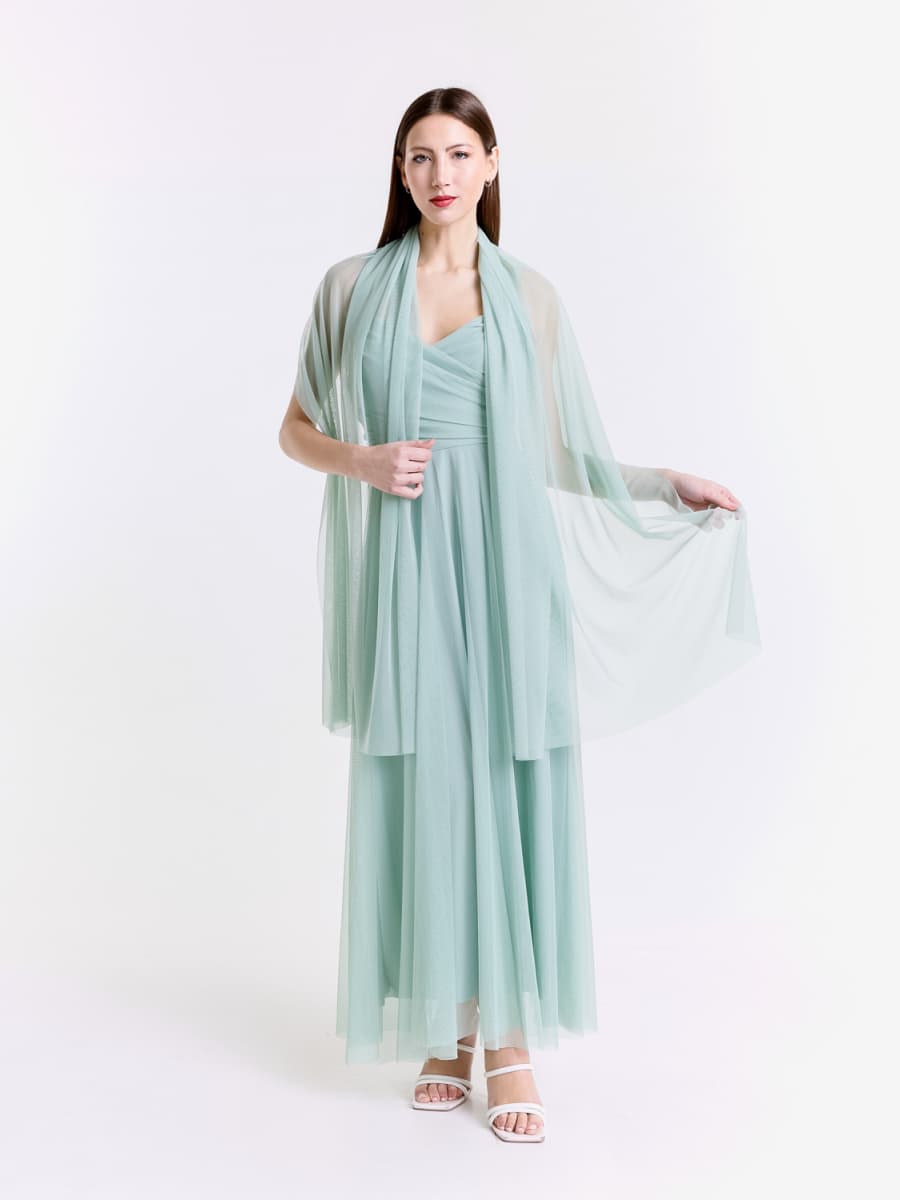 Completo abito lungo salvia in tulle con mantello trasparente, freschezzaverde tenue