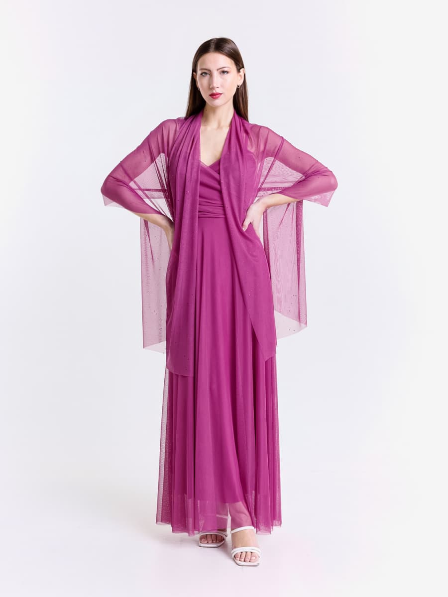 Completo abito lungo ciliegio in tulle con mantello trasparente, dolcezza rosa