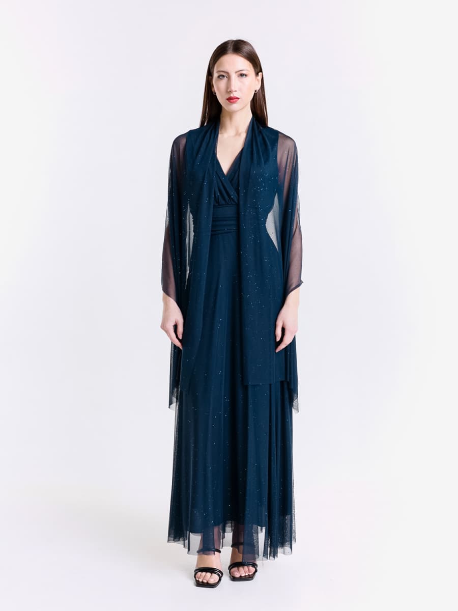 Completo abito lungo navy in tulle con mantello trasparente, eleganza nautica
