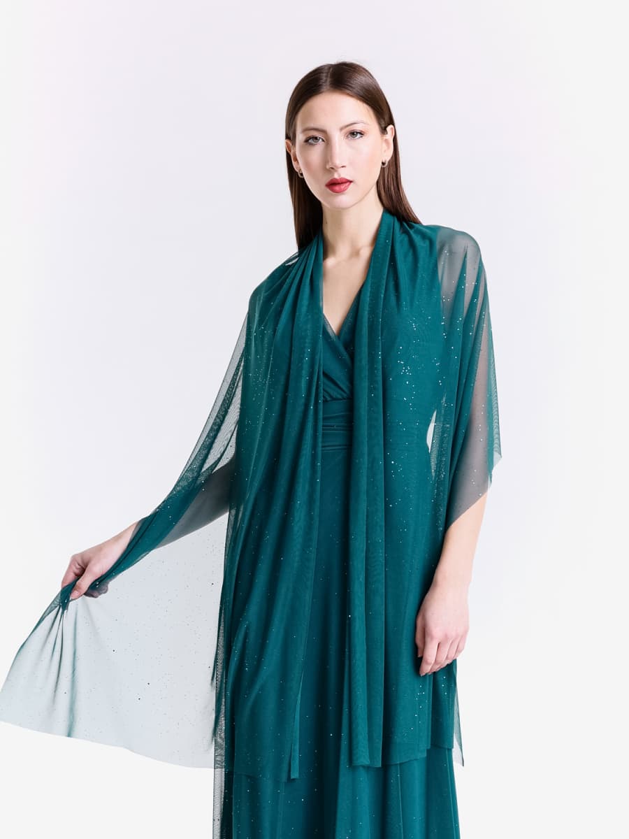 Completo da cerimonia ottanio, chiffon leggero per abito e coprispalle