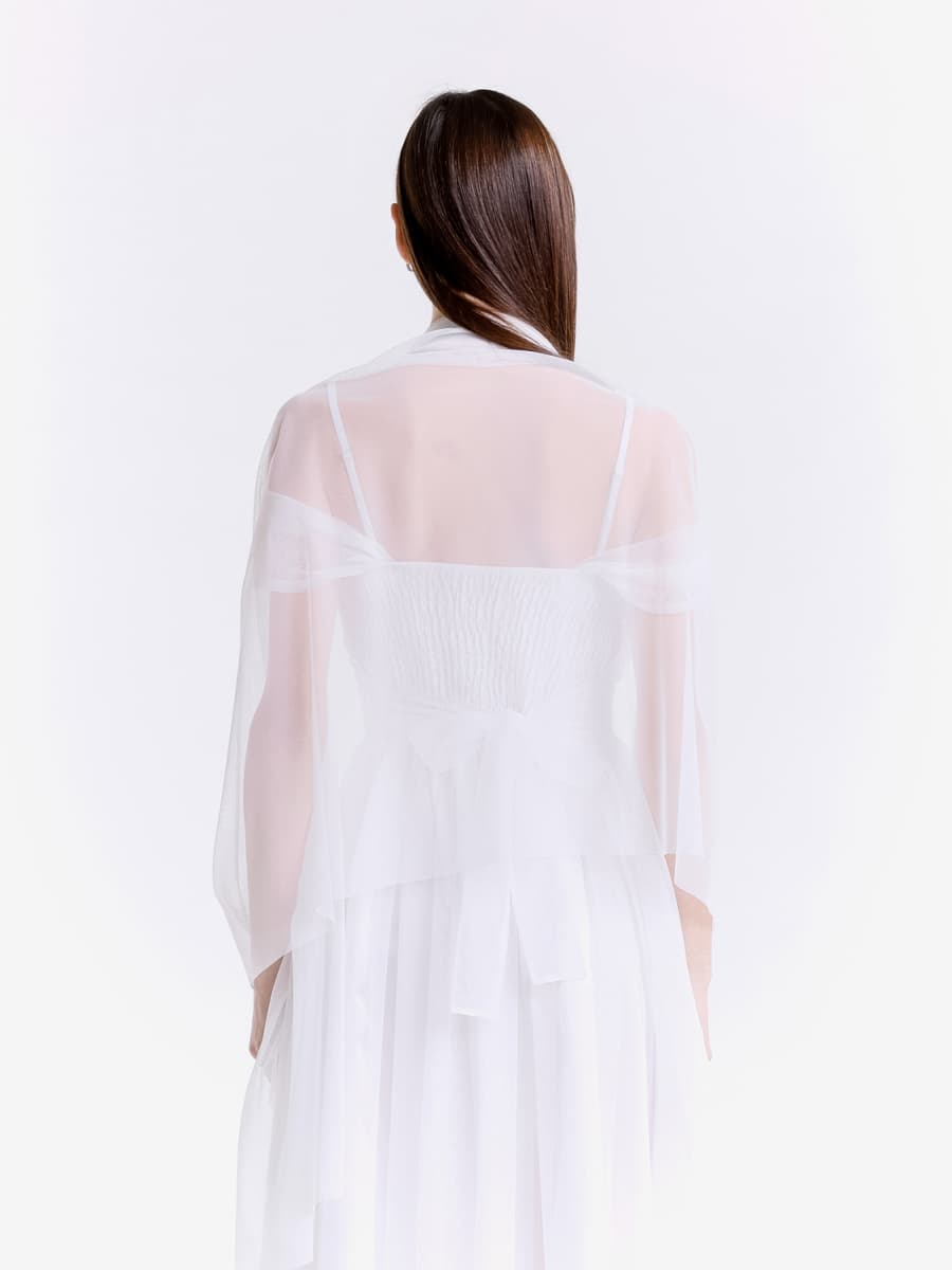 Completo da evento bianco, chiffon leggero per abito e coprispalle