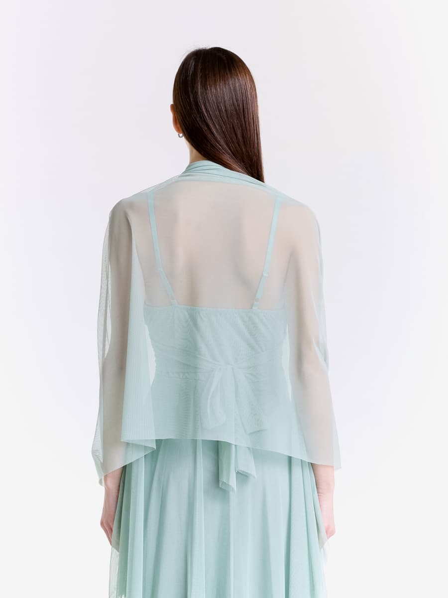 Completo da giorno salvia, chiffon leggero per abito e coprispalle