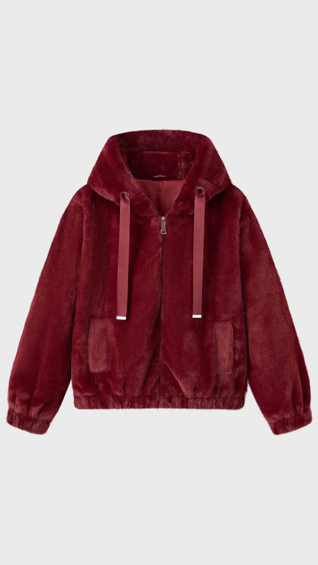 Giacca con cappuccio in peluche sintetica con zip e coulisse