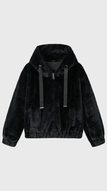 Giacca con cappuccio in peluche sintetica con zip e coulisse