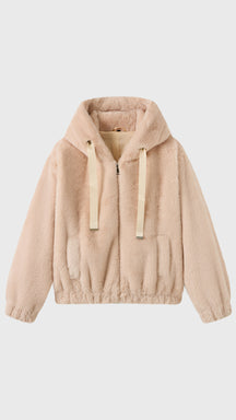 Giacca con cappuccio in peluche sintetica con zip e coulisse