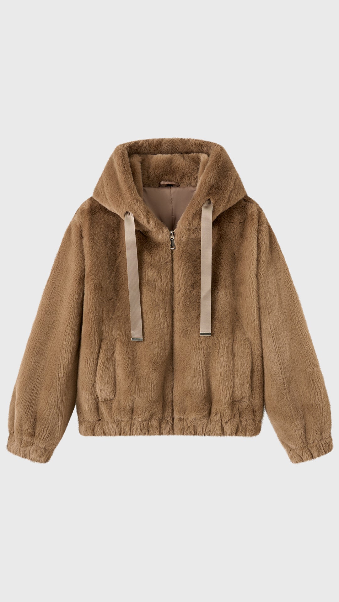 Giacca con cappuccio in peluche sintetica con zip e coulisse