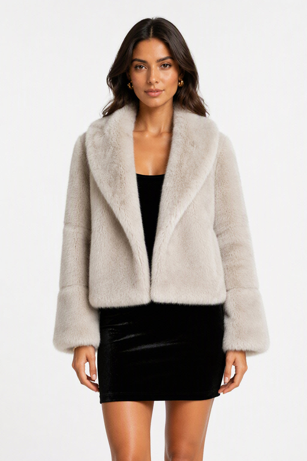 Giacca Corta Donna in Peluche Sintetico, Collo a Revers Ampio, Modello Corto Invernale Elegante-1