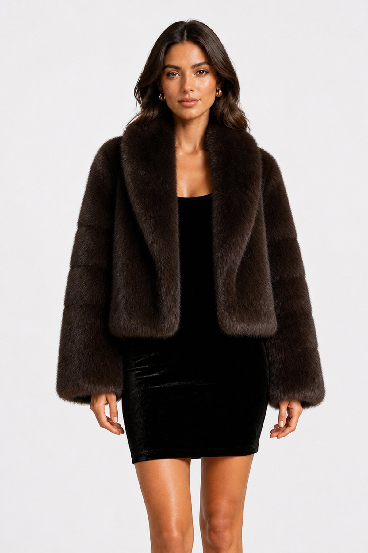 Giacca Corta Donna in Peluche Sintetico, Collo a Revers Ampio, Modello Corto Invernale Elegante-4