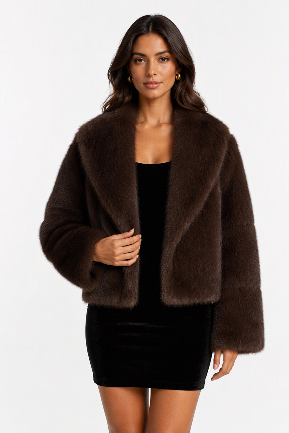 Giacca Corta Donna in Peluche Sintetico, Collo a Revers Ampio, Modello Corto Invernale Elegante-6
