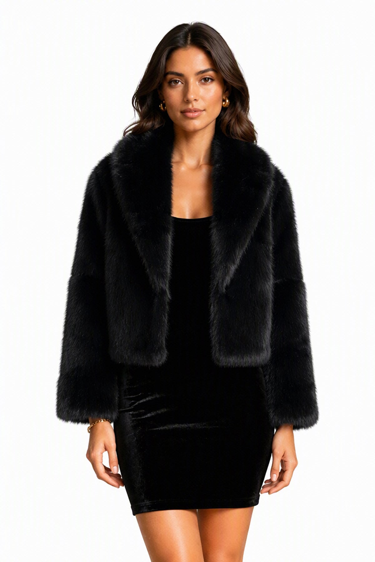 Giacca Corta Donna in Peluche Sintetico, Collo a Revers Ampio, Modello Corto Invernale Elegante-2
