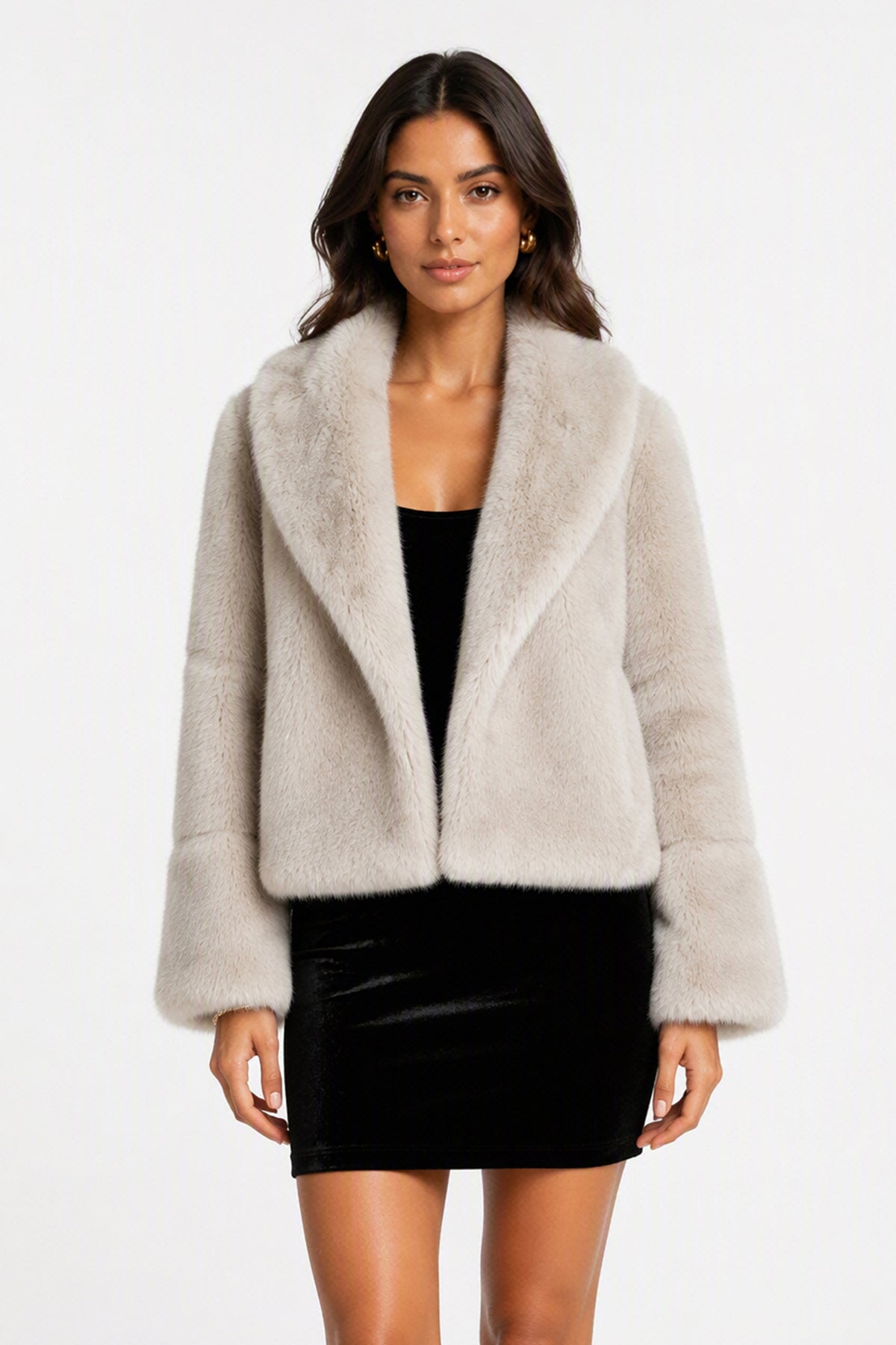 Giacca Corta Donna in Peluche Sintetico, Collo a Revers Ampio, Modello Corto Invernale Elegante Beige-1