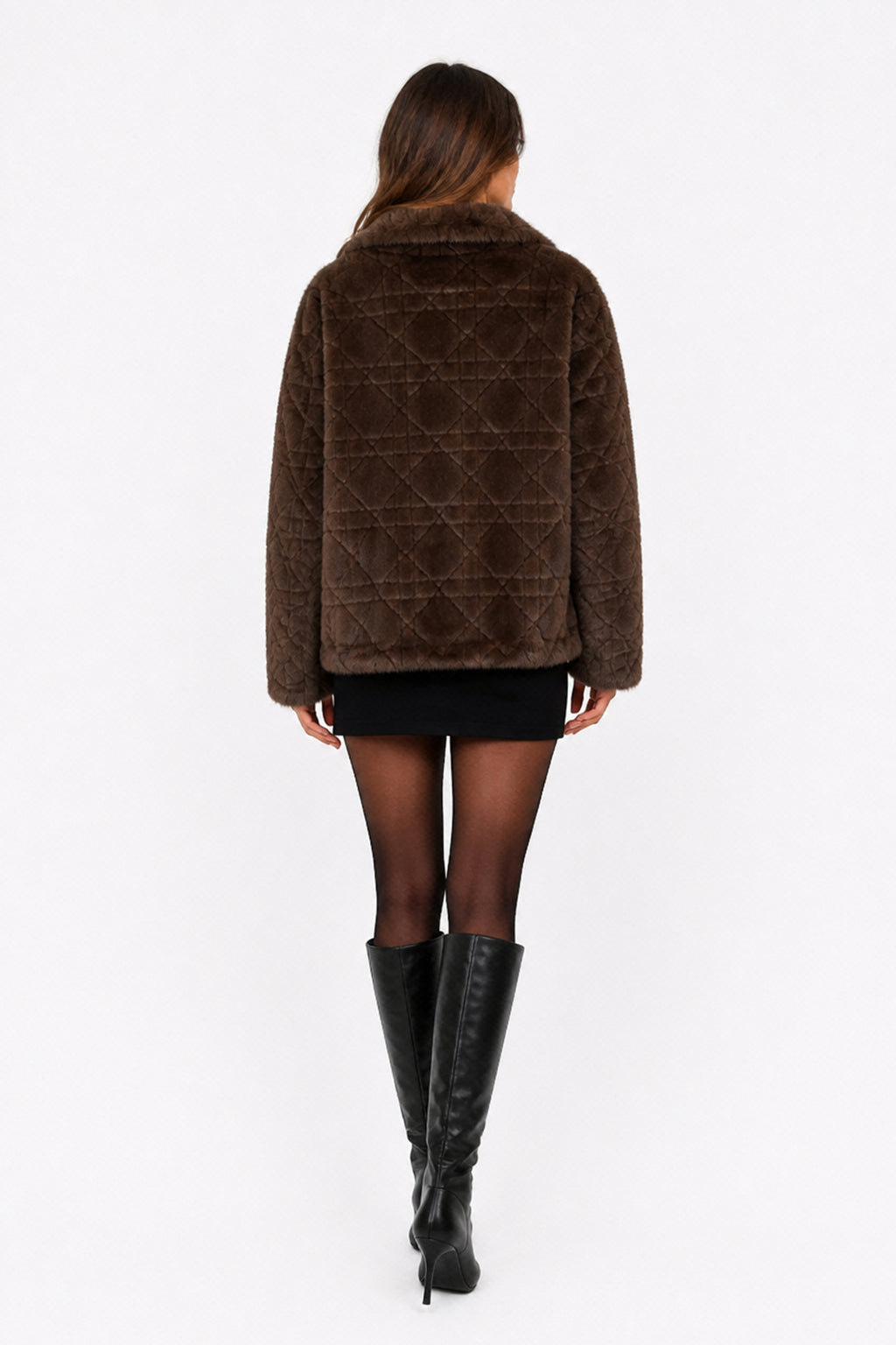 Giacca Corta Donna in Peluche Sintetico, Collo a Revers Ampio, Modello Corto Invernale Elegante Caffe-1