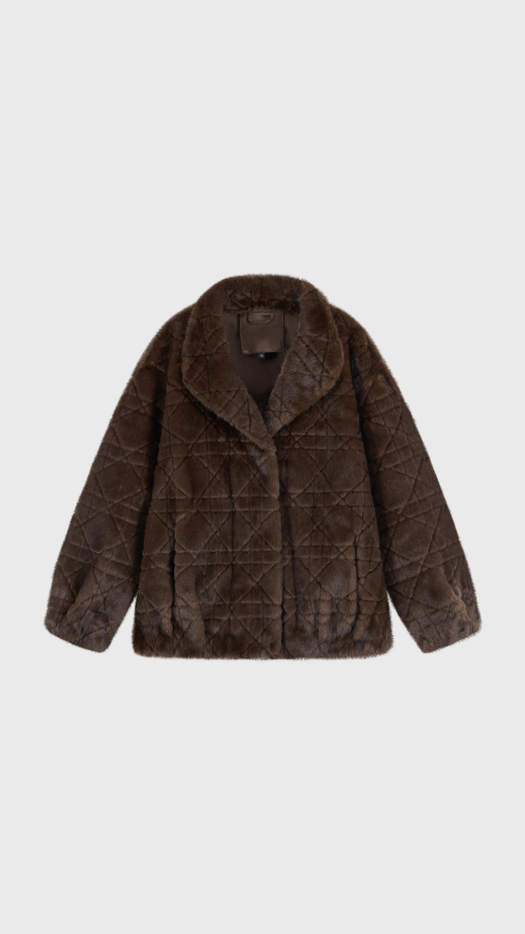 Giacca Corta Donna in Peluche Sintetico, Collo a Revers Ampio, Modello Corto Invernale Elegante Caffe-1