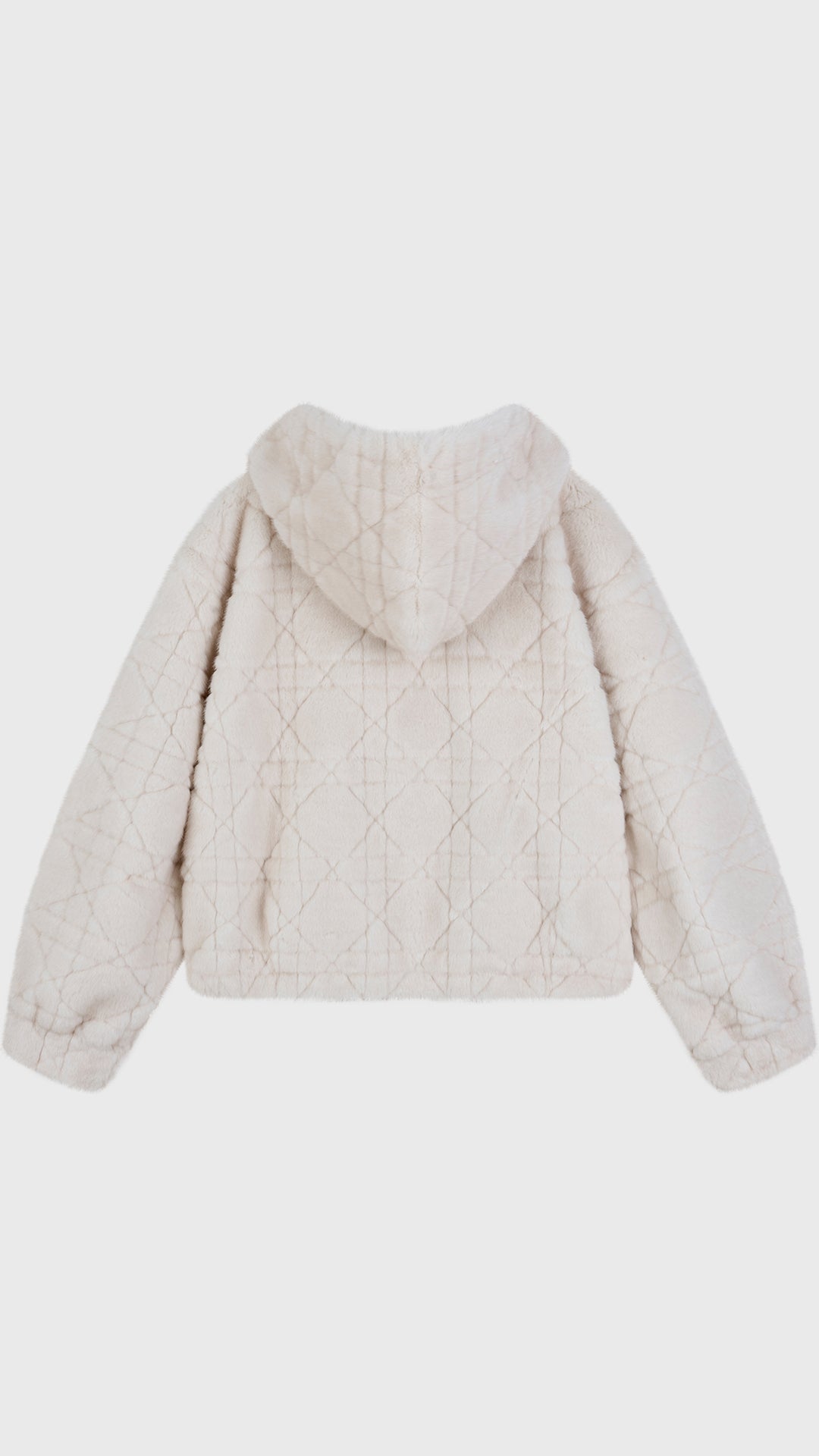 Giacca Corta Invernale Donna in Peluche Sintetico Trapuntato, Cappuccio, Chiusura Nascosta, Giacca Casual Morbida Panna-1