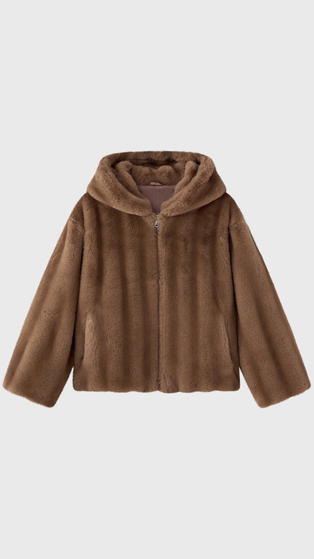 Giacca corta in pelliccia sintetica con cappuccio e zip frontale Beige-1