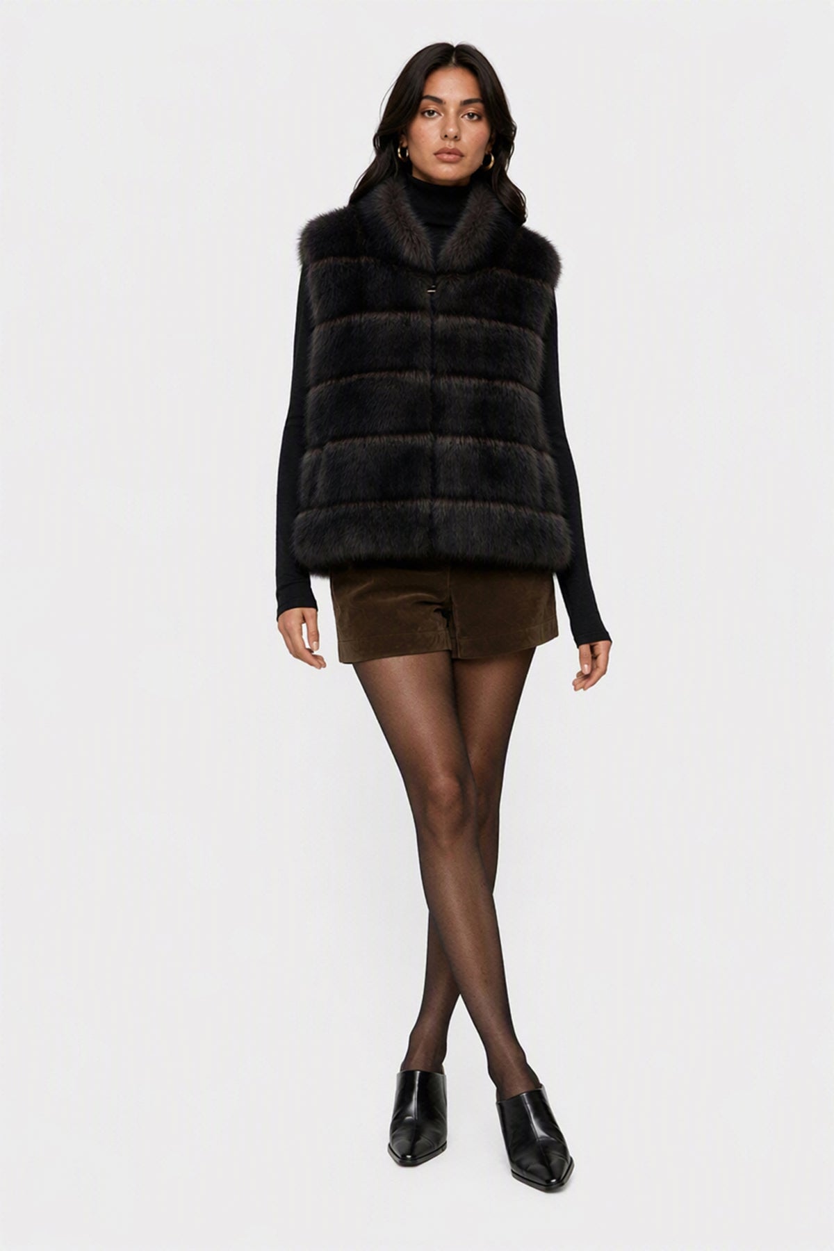 Gilet Senza Maniche Donna in Pelliccia Sintetica, Modello Collo Alto Elegante, Gilet Corto Invernale Casual per Abbinamenti Outfit Caffè-4