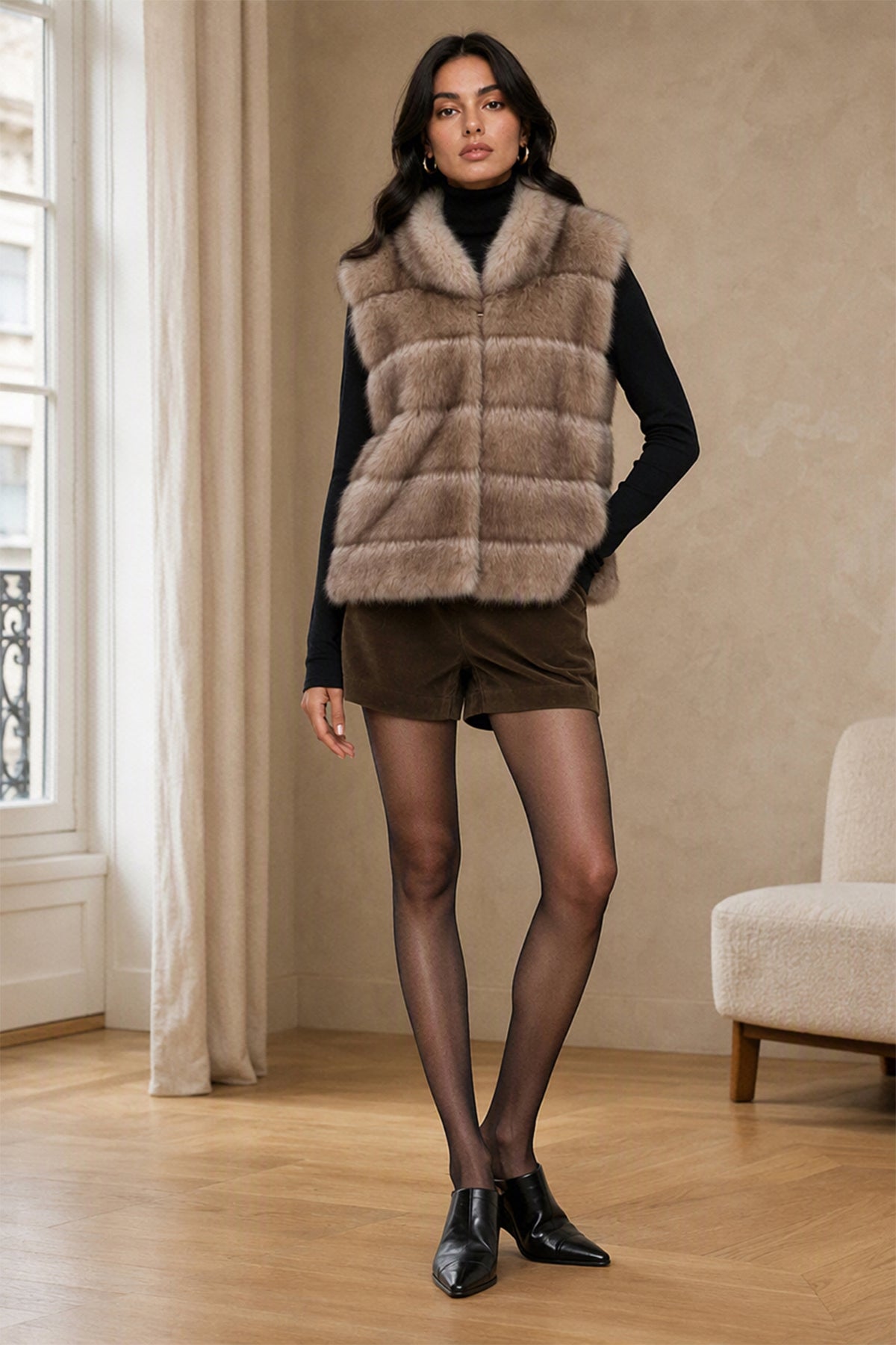 Gilet Senza Maniche Donna in Pelliccia Sintetica, Modello Collo Alto Elegante, Gilet Corto Invernale Casual per Abbinamenti Outfit Beige-1