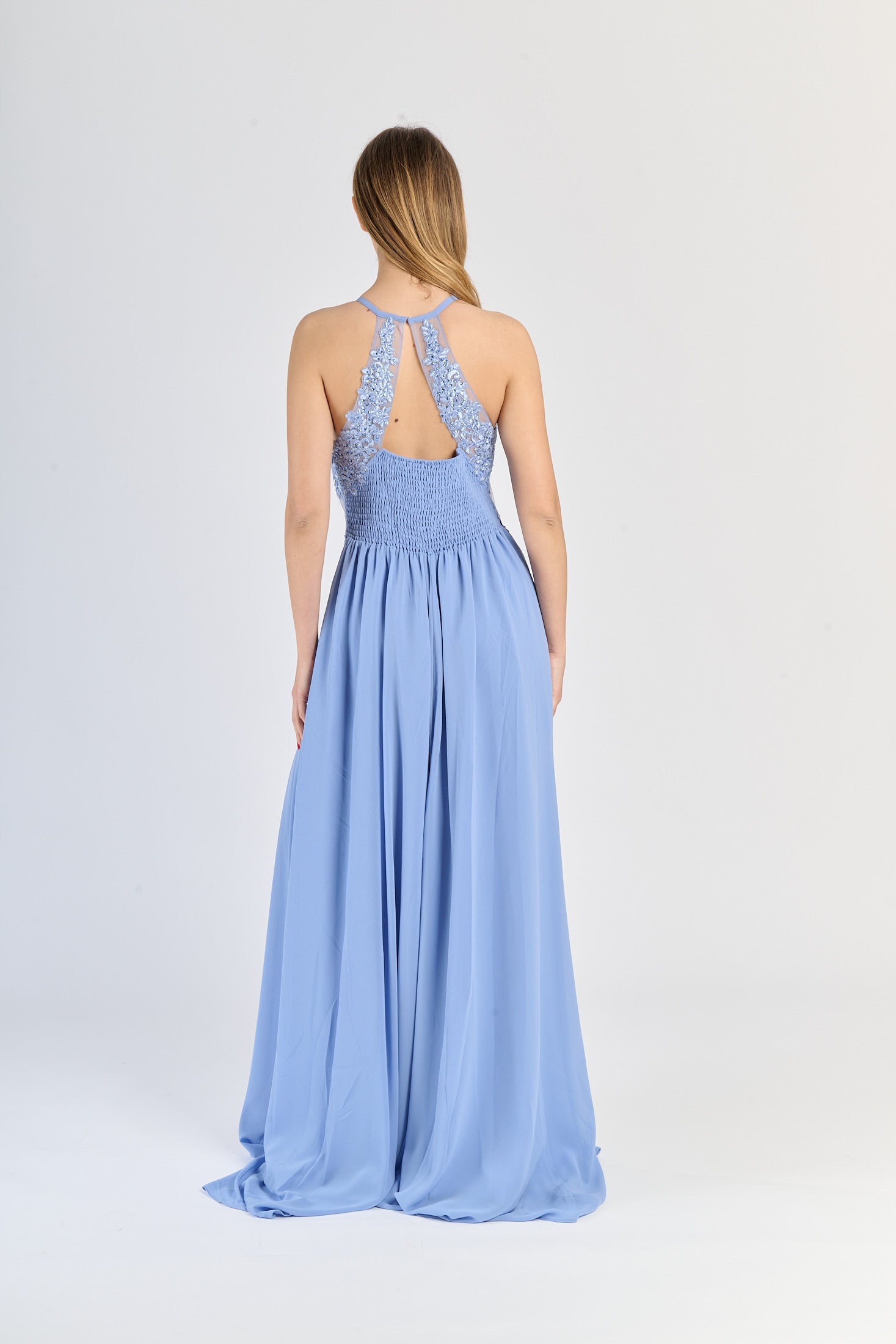Gown Jeans casual - chic: pizzo sul busto, gonna fluida e slittino suggestivo