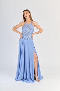 Gown Jeans con scollatura halter, pizzo decorativo e gonna sfarfallante