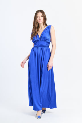 Llungo abito Bluette senza maniche con scollo a V profondo e vita in pizzo, perfetto per uno stile elegante e rinfrescante.