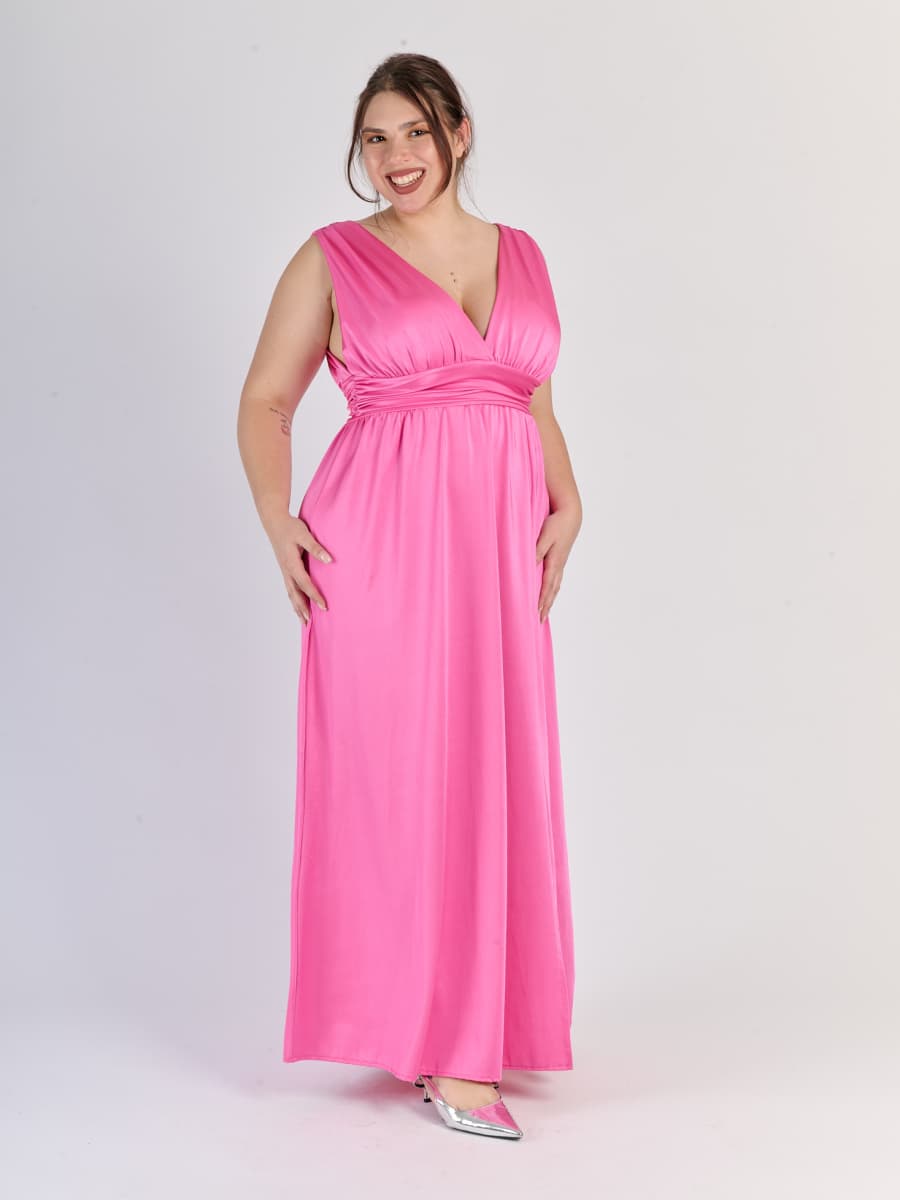 Lungo abito Fuxia senza maniche con scollo a V profondo e vita in pizzo