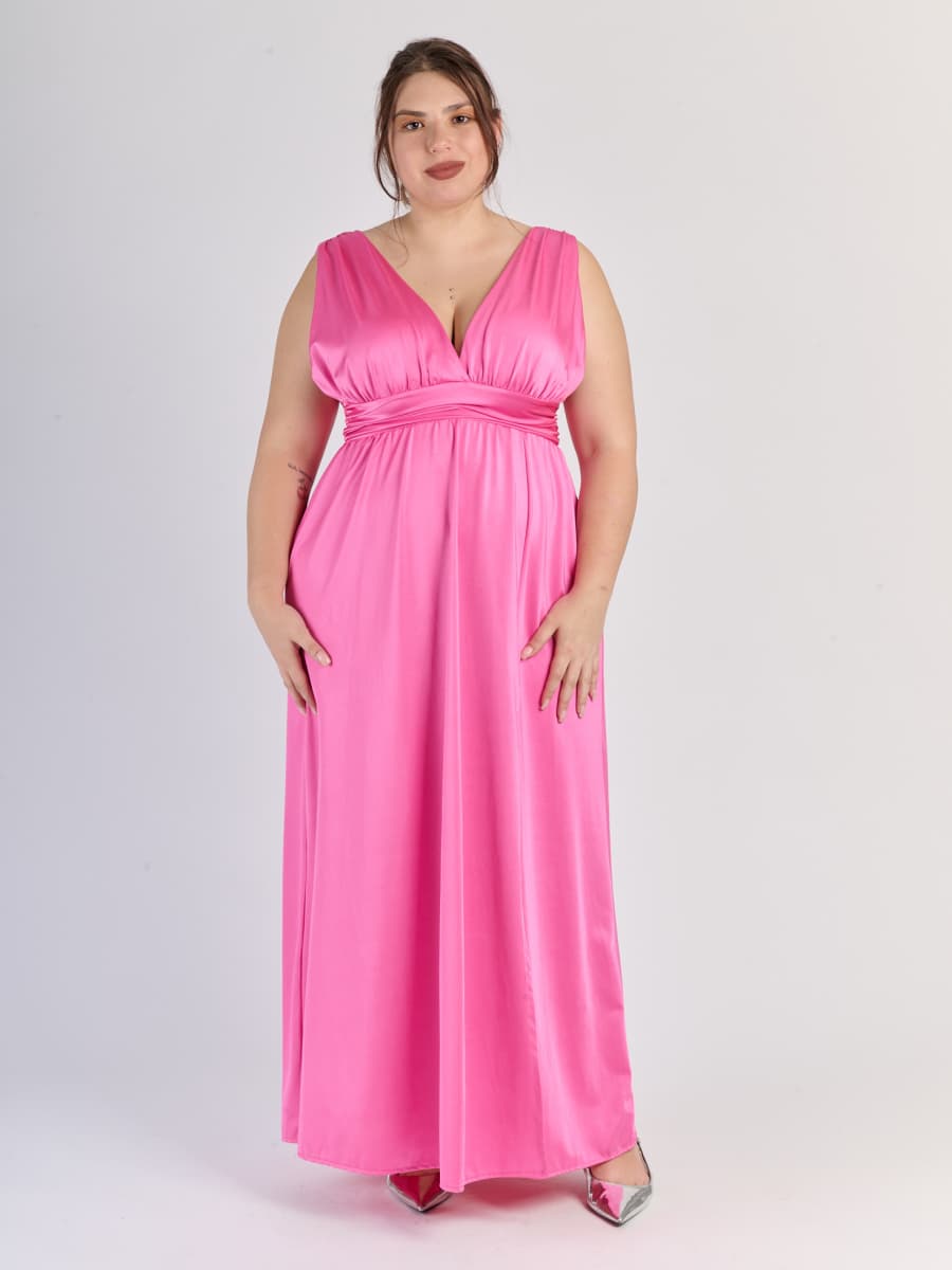 Lungo abito Fuxia senza maniche con vita smussata, perfetto 