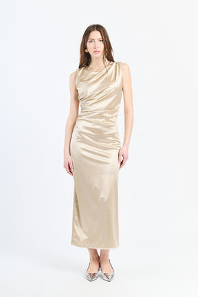 Lungo abito beige a spalla unica, ideale per occasioni eleganti