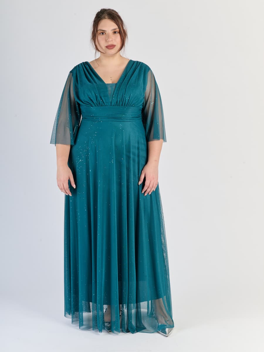 Lungo abito ottanio dal design metallico, maniche trasparenti e scollatura a V, per eventi luminosi.