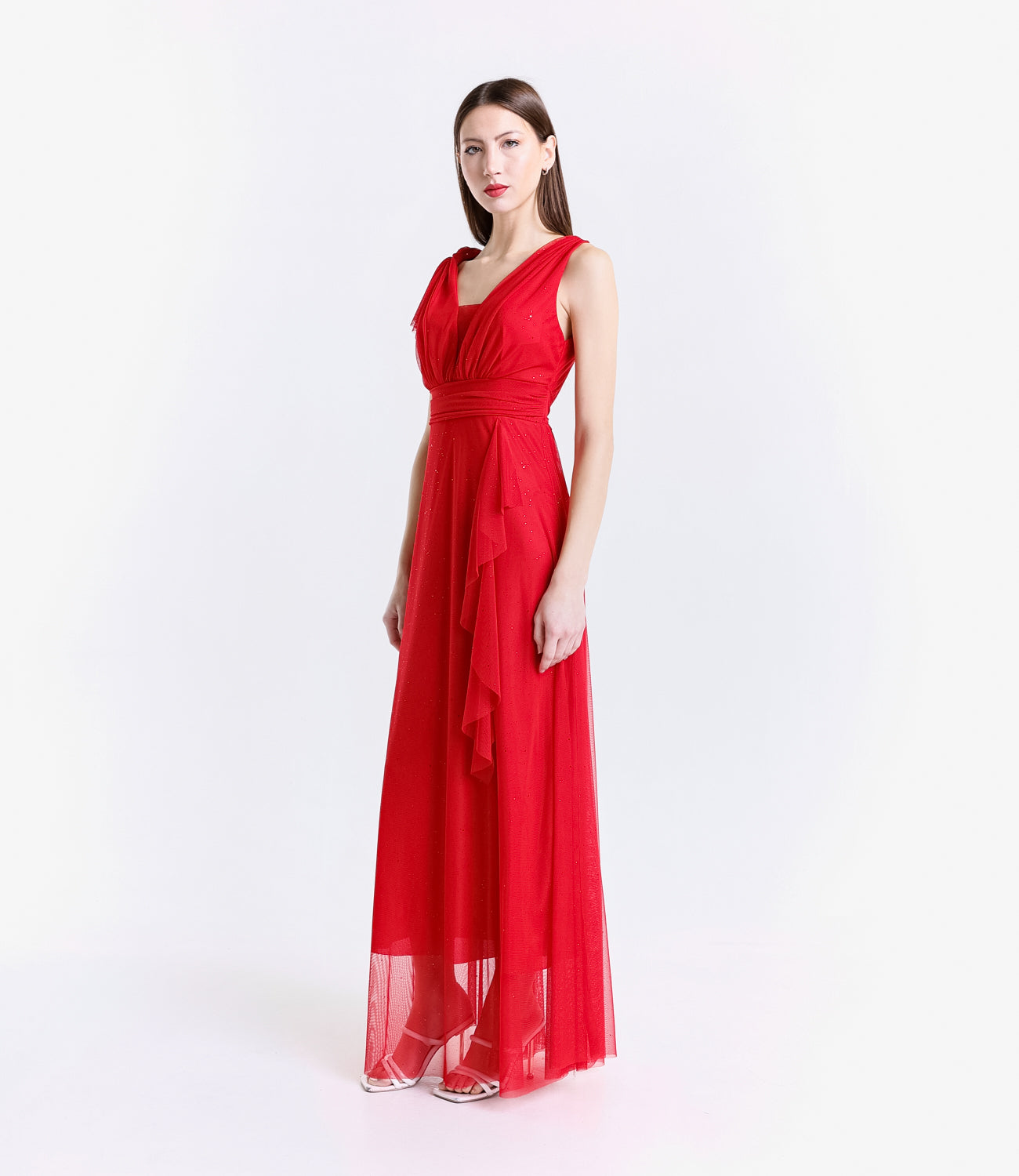 Lungo vestito rosso, stile elegante e accento formale
