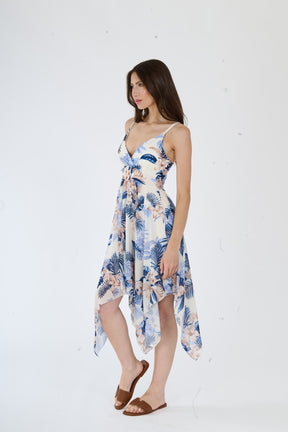 Abito “Savana” – Vestito Asimmetrico con Spalline e Stampa Tropicale Blu e Rosa