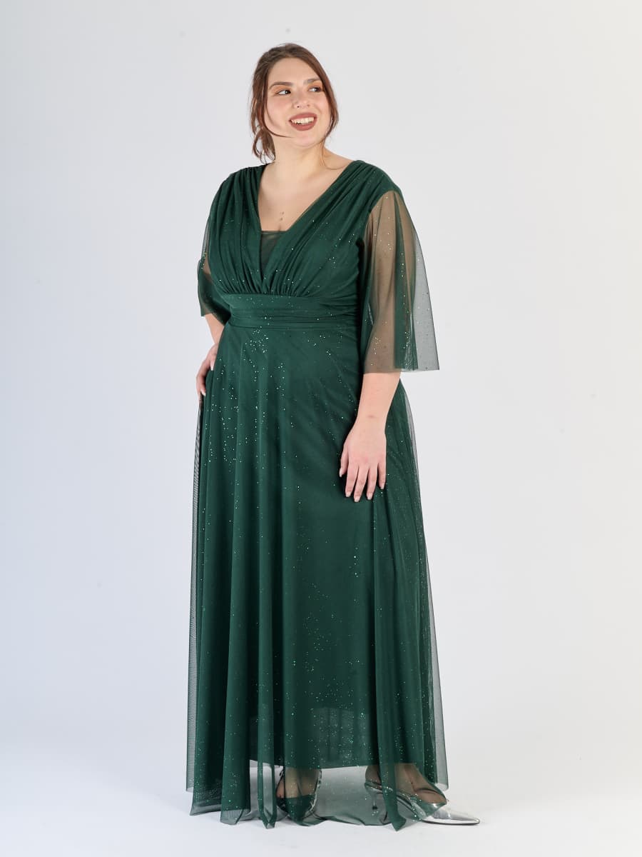 Maggiore abito formale verde.S, tulle leggero e maniche traslucide, eleganzaverde.