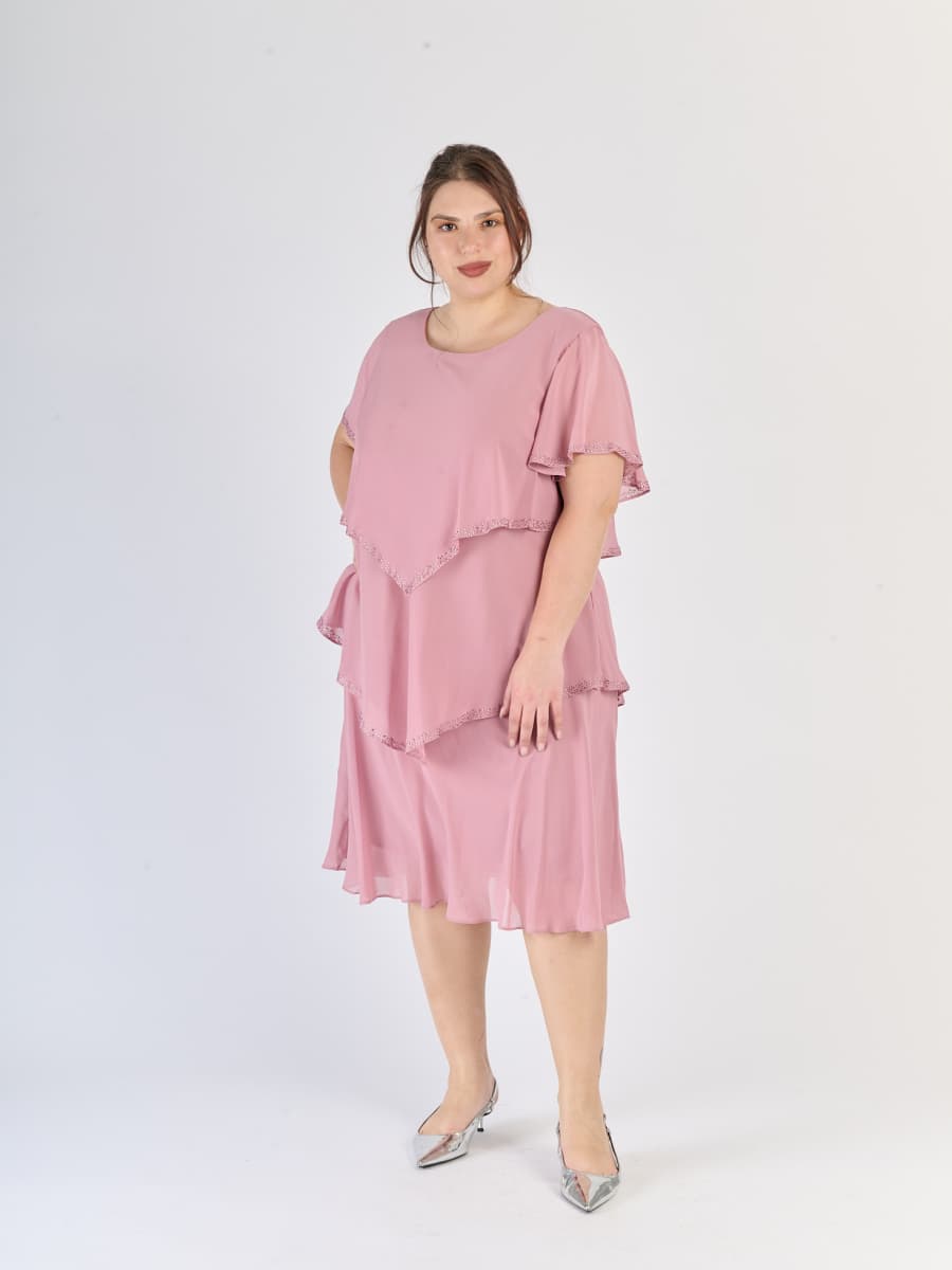 Maggiore abito rosa antico, chiffon leggero, tre livelli e colore rassicurante