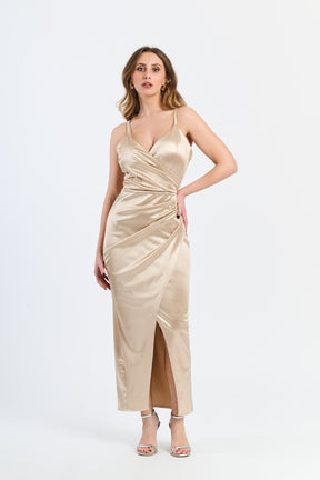 Satin beige lussuoso, abito lungo, design sexy, per serate speciali