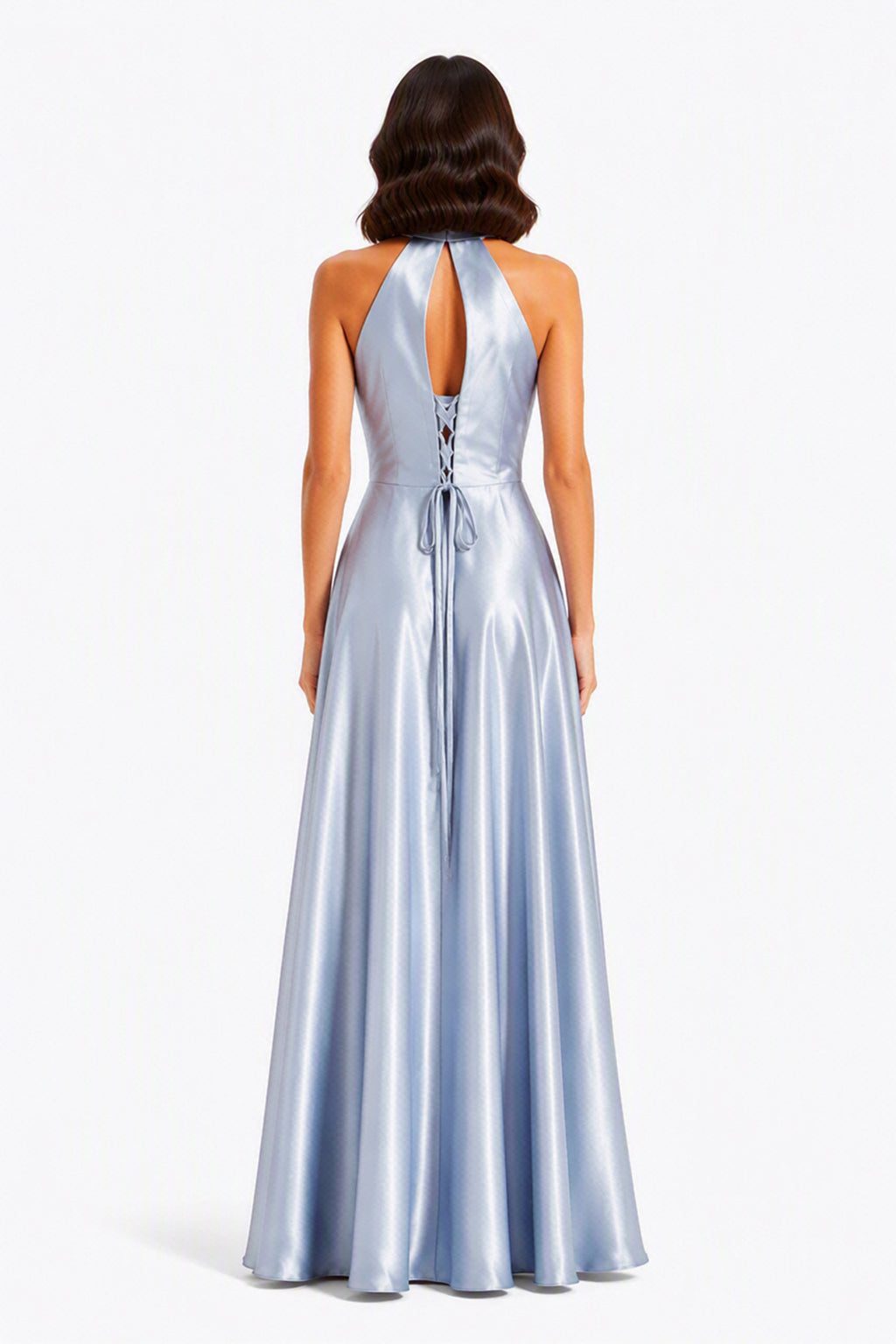 Vestito Lungo Satin Donna Collo Halter con Fiocco Legabile, Abito Elegante Vita Definita e Gonna Ampia da Cerimonia -1