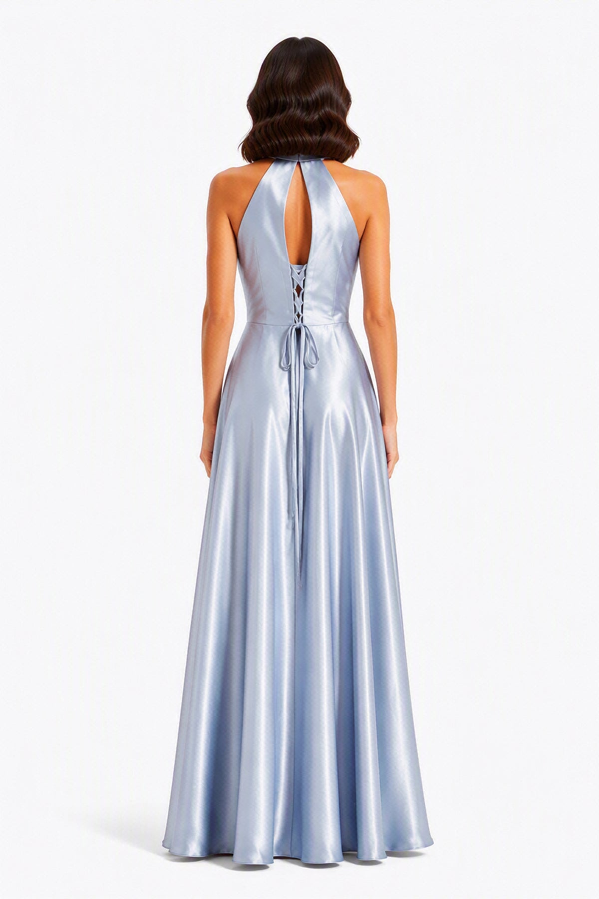Vestito Lungo Satin Donna Collo Halter con Fiocco Legabile, Abito Elegante Vita Definita e Gonna Ampia da Cerimonia -1