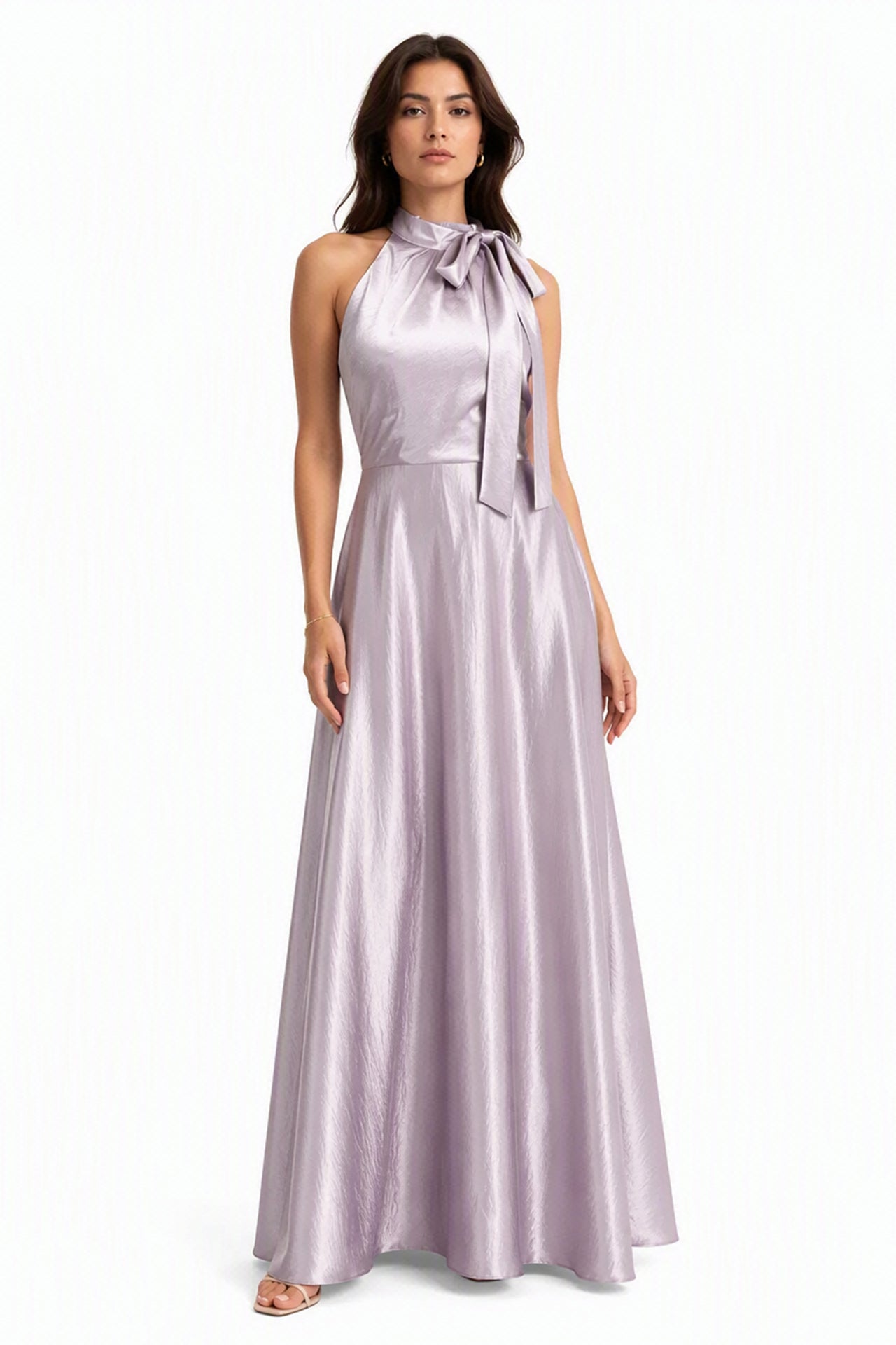 Vestito Lungo Satin Donna Collo Halter con Fiocco Legabile, Abito Elegante Vita Definita e Gonna Ampia da Cerimonia -7