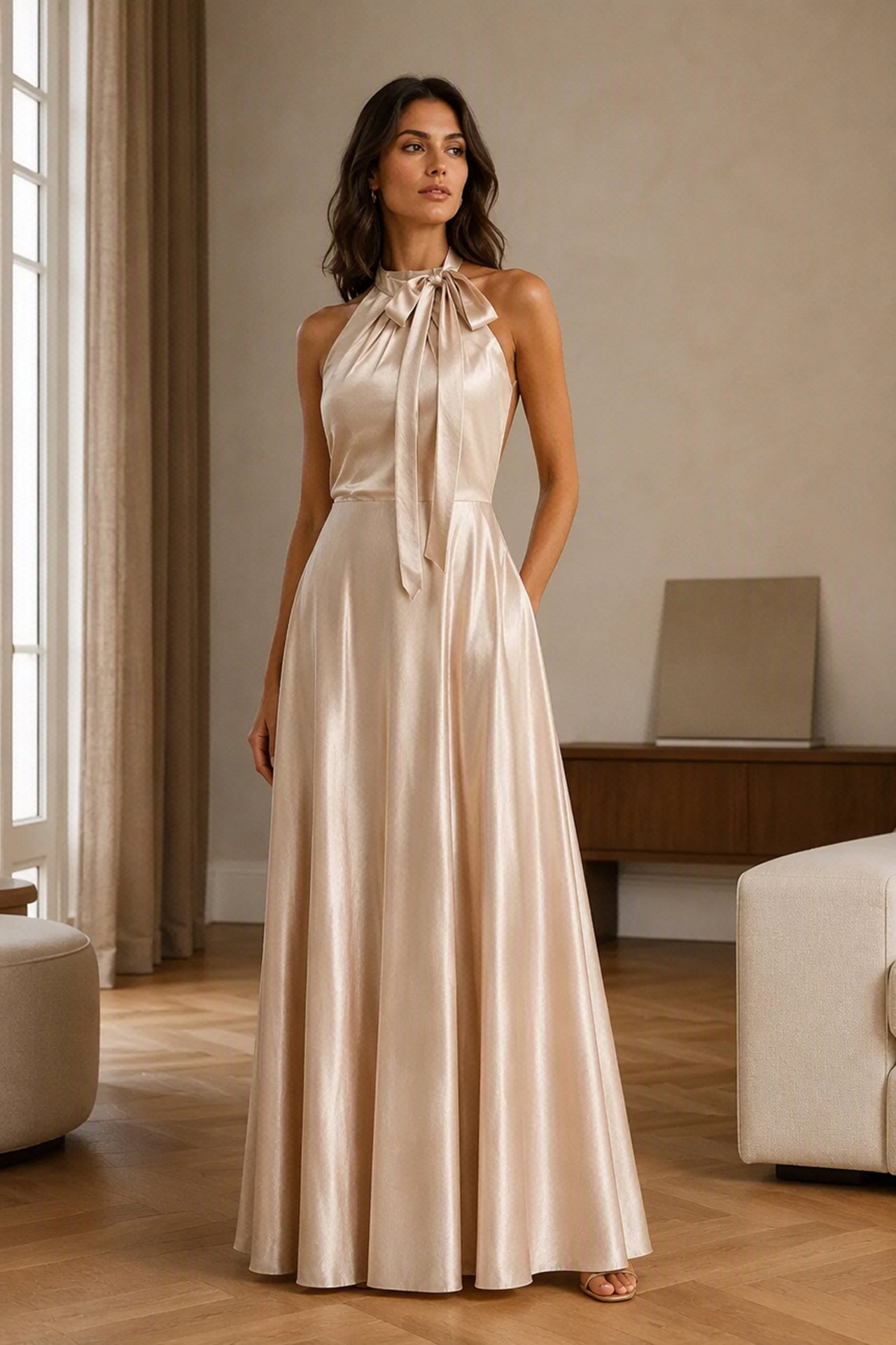Vestito Lungo Satin Donna Collo Halter con Fiocco Legabile, Abito Elegante Vita Definita e Gonna Ampia da Cerimonia -2