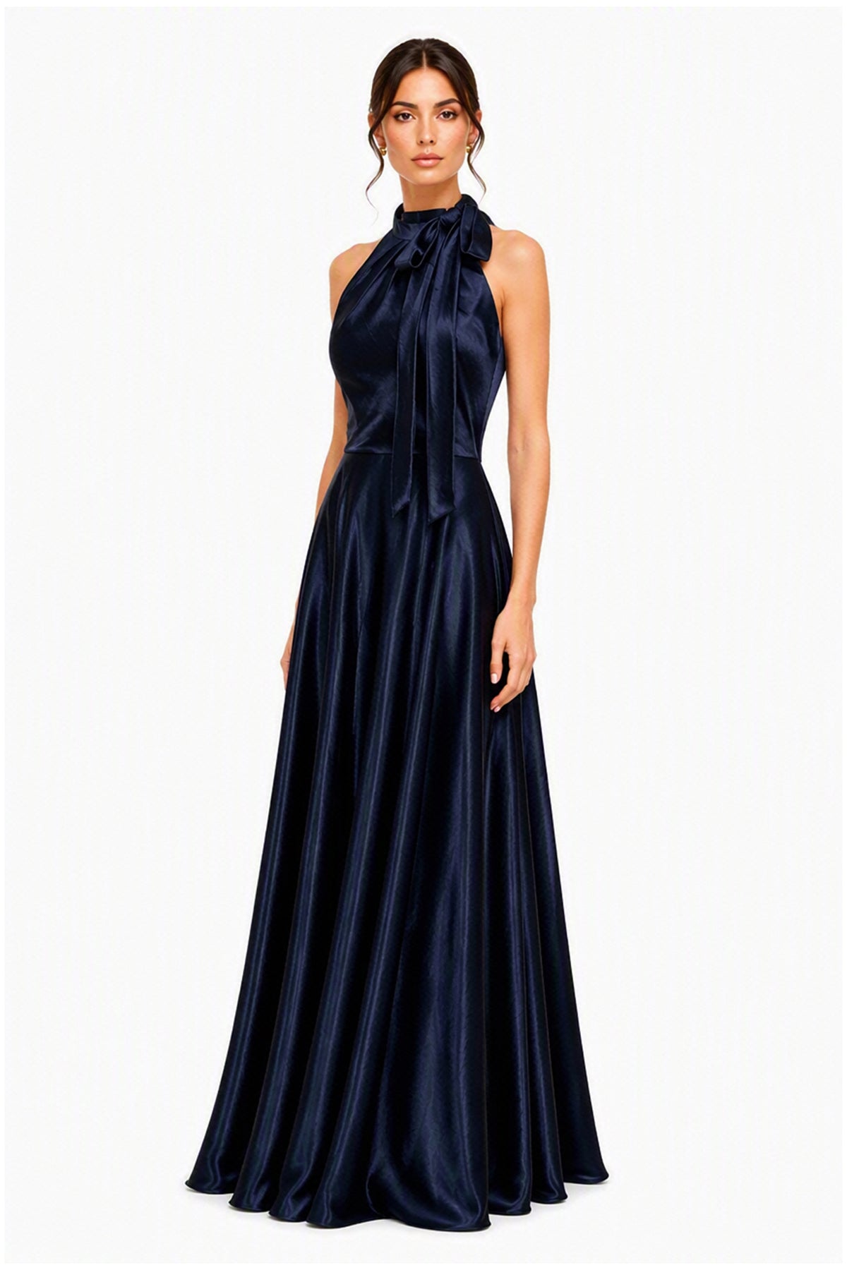 Vestito Lungo Satin Donna Collo Halter con Fiocco Legabile, Abito Elegante Vita Definita e Gonna Ampia da Cerimonia -5