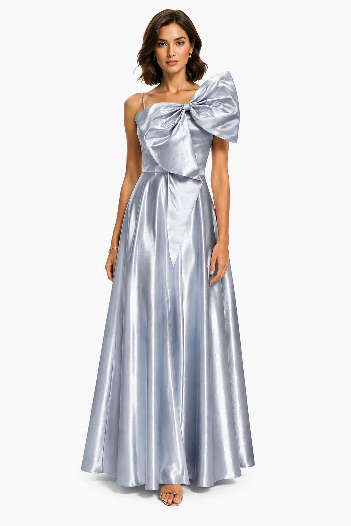Vestito Lungo Satin Donna Spallina Singola con Maxi Fiocco, Abito Elegante da Cerimonia e Festa Smanicato -1