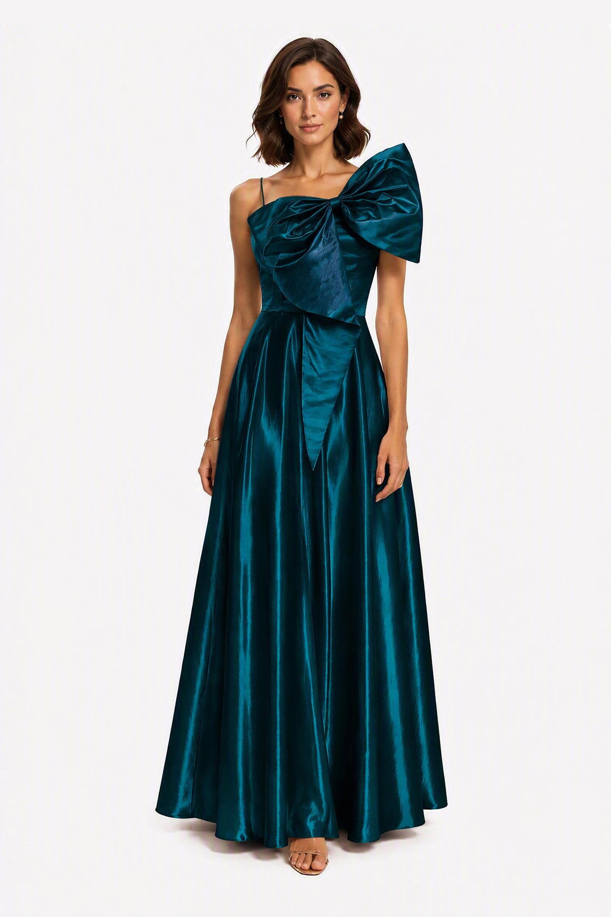 Vestito Lungo Satin Donna Spallina Singola con Maxi Fiocco, Abito Elegante da Cerimonia e Festa Smanicato -4