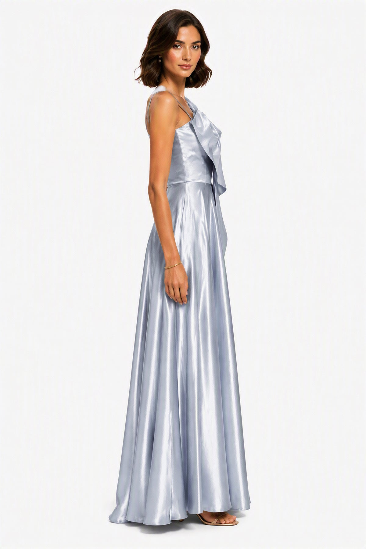 Vestito Lungo Satin Donna Spallina Singola con Maxi Fiocco, Abito Elegante da Cerimonia e Festa Smanicato -1