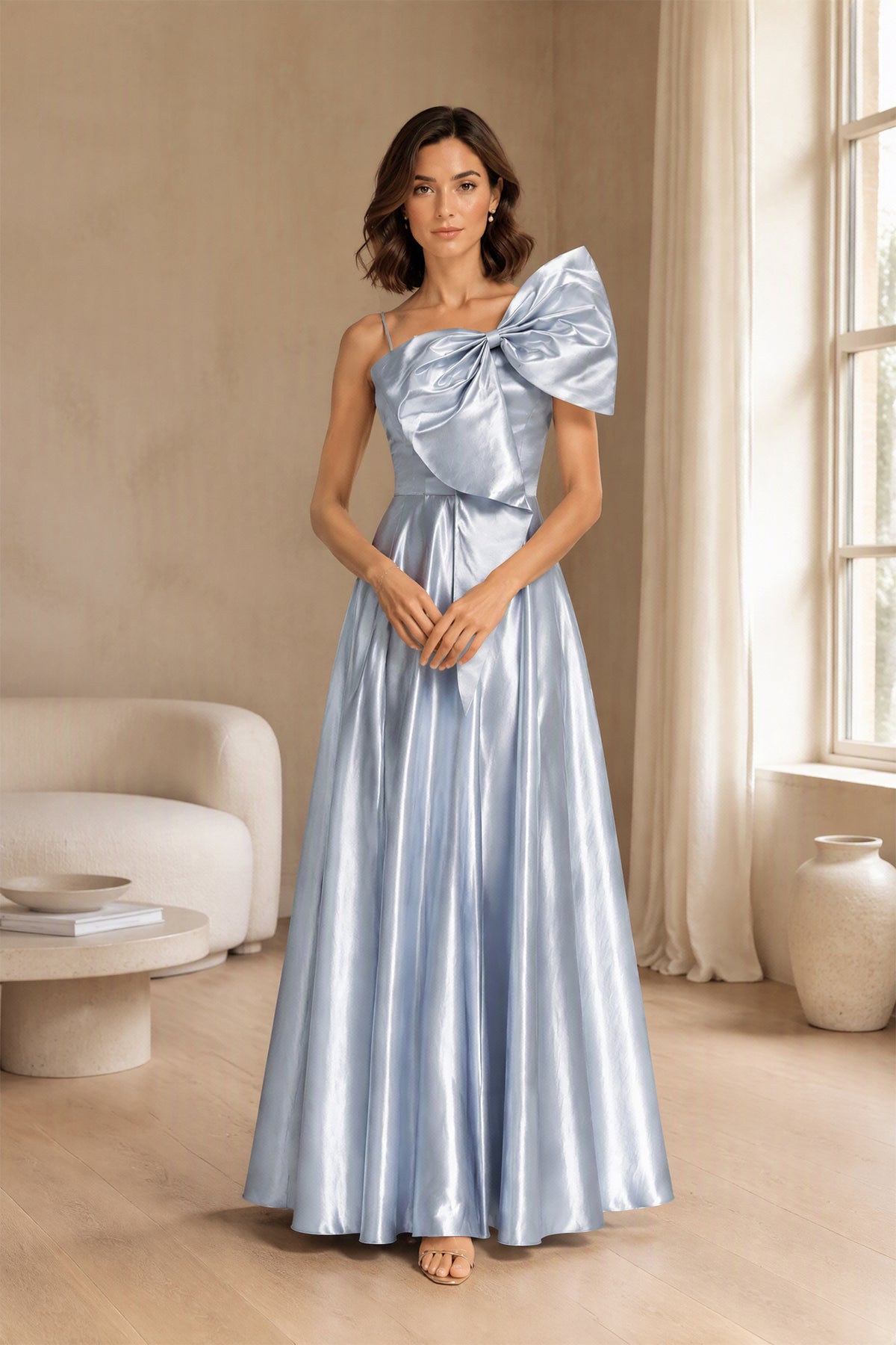 Vestito Lungo Satin Donna Spallina Singola con Maxi Fiocco, Abito Elegante da Cerimonia e Festa Smanicato -1