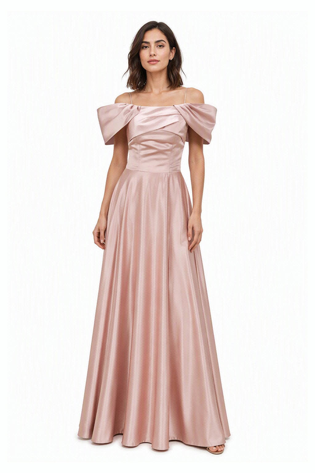 Vestito Lungo Satin Spalline Sottili a Spalla Scoperta, Abito Elegante Donna da Cerimonia con Busto Arricciato e Gonna Ampia -1