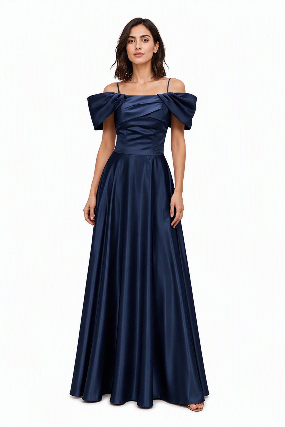 Vestito Lungo Satin Spalline Sottili a Spalla Scoperta, Abito Elegante Donna da Cerimonia con Busto Arricciato e Gonna Ampia -3