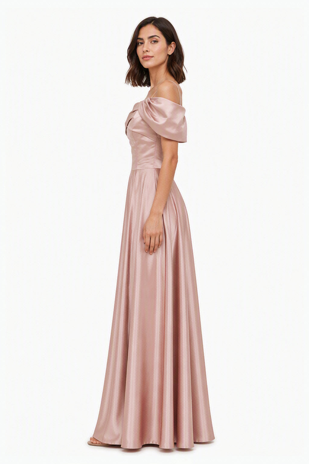 Vestito Lungo Satin Spalline Sottili a Spalla Scoperta, Abito Elegante Donna da Cerimonia con Busto Arricciato e Gonna Ampia -1