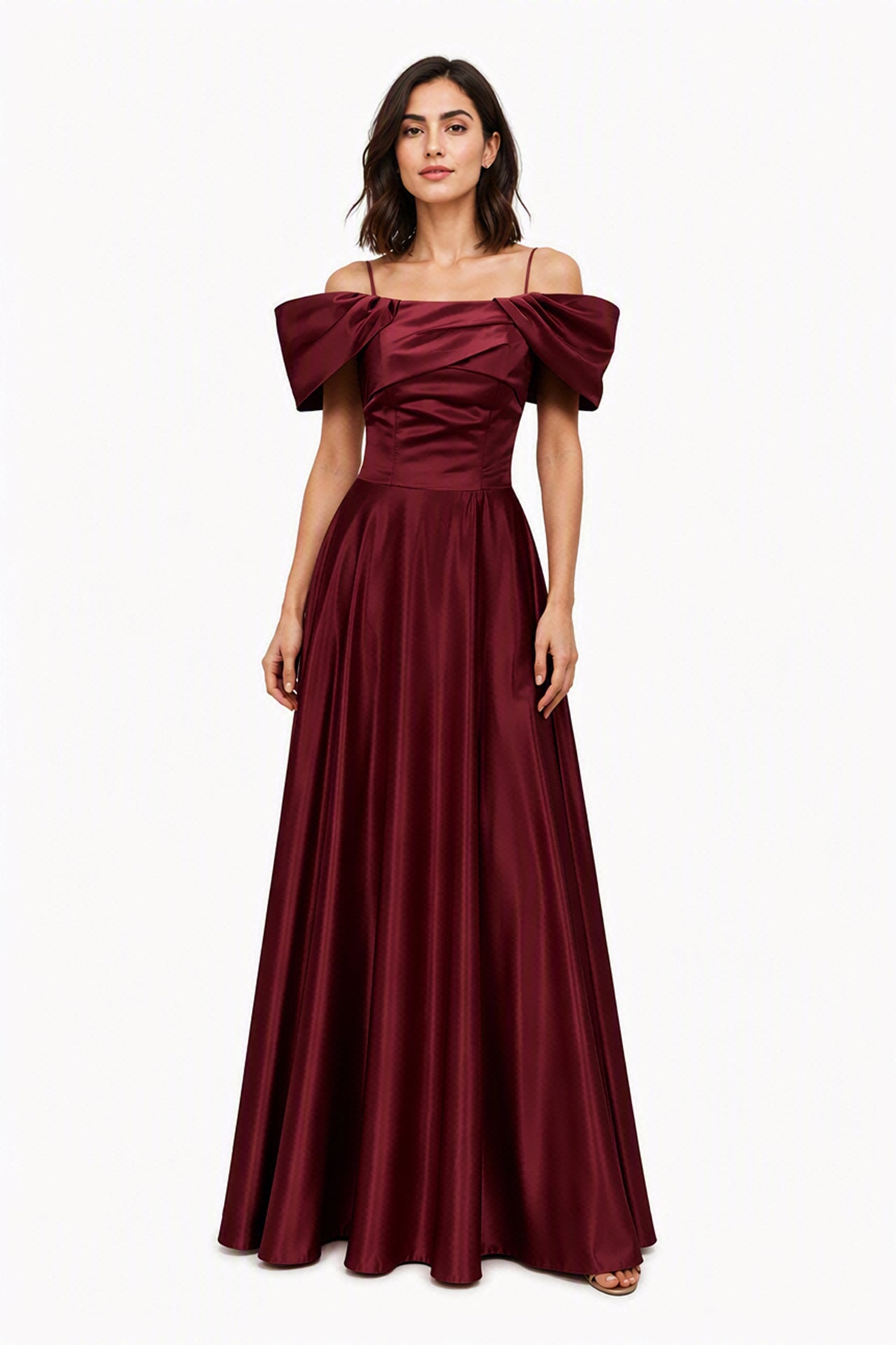 Vestito Lungo Satin Spalline Sottili a Spalla Scoperta, Abito Elegante Donna da Cerimonia con Busto Arricciato e Gonna Ampia -4